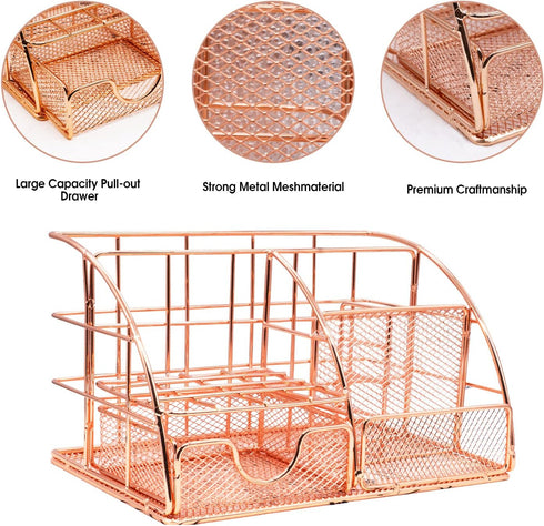 Rose Gold Desk Organizers Set with Stapler, Pen Holder, Phone Holder, Scissors, Ruler, Clips, Tacks, and Staples