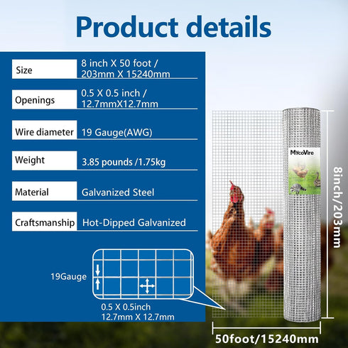 1/2 inch 19Ga 1/2 8X50) Hardware Cloth Double Hot-Dipped Galvanized After Welding Wire Fence Mesh Welded Metal Chicken