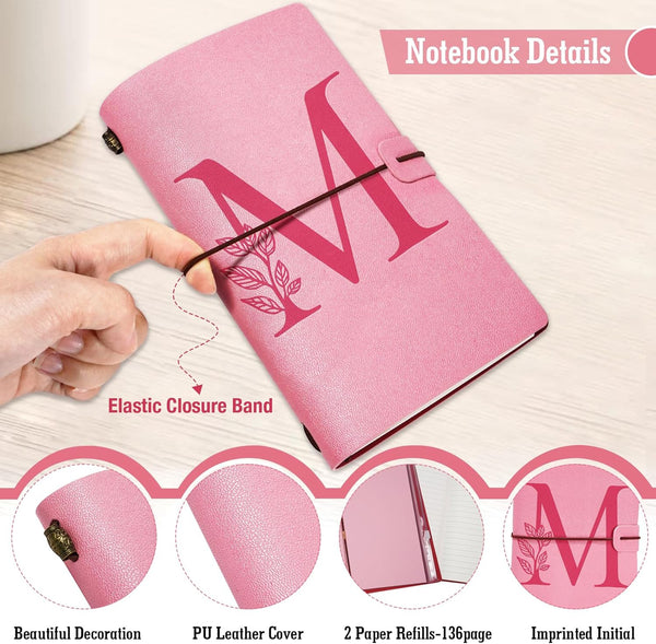 Personalized Journal Gift, Pink Initial Leather Journal + Heart Diamond Pen Set, Travel Notebook Diary Gifts