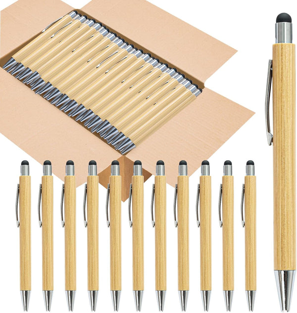 Bamboo Pens Bulk - Wooden Ballpoint Pen with Touch Stylus Tip, Customizable Gift, 50 Pcs