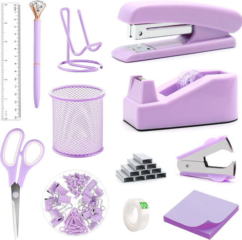Purple Office Supplies Set, Desk Accessories with Stapler, Remover, Tape Holder, Clips, 1000 Staples, Scissors