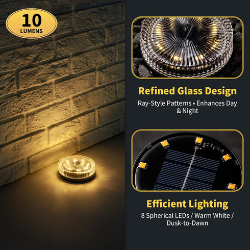 (2 Pack) Glass Solar Ground Lights with Ray Style, Modular-Design Waterproof In-Ground Light for Patio Pathway Lawn
