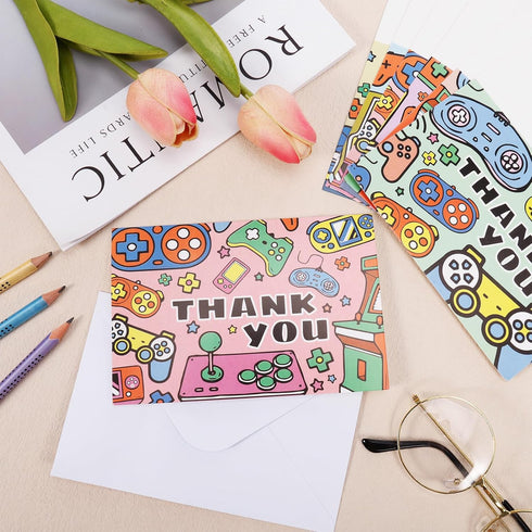 JOELELI 24 Pack Pack Video Game Kids Thank You Cards with Envelope, Funky Gaming Bulk Thank You Notes Small Cute Blank