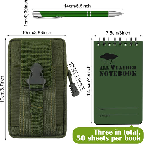 Eaasty 5 Pcs Waterproof Notebook Tactical 3 x 5 Inch Pocket Notebook with Metal Weatherproof Pen and Fabric Cover for Outdoor Activities Recording (Army Green) by Eaasty