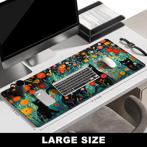 BOSOBO Large Mouse Pad, Desk Pad, XXL XL Extended Gaming Mouse Pad, Desk Mat for Office & Home, Long Keyboard Mat, Huge Mouse Pad, Desktop Full Cover 31.5 x 11.8 Inches, Black Cat and GreenFolwers by BOSOBO