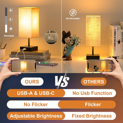 3 Dimmable 2700K Bulb 2 Pack hansang Bedside Lamp, Touch Lamp with Way LED Touch Control USBA USBC Charging Port Black