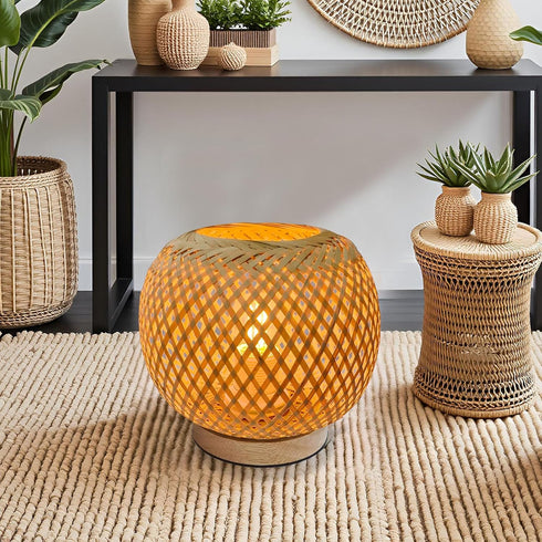 2700K G45 Bulb Small Rattan Lamp, Boho Table Lamp, Vintage Wicker Nightstand Lamps with Wood Base, Bohemia Woven Lamps