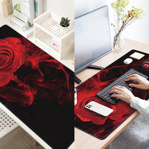 Large Extended Mouse Pad Red Smoke Rose Desk Mat, Big Desk Pad with Thick Stitched Edges for Home Office or Gaming,