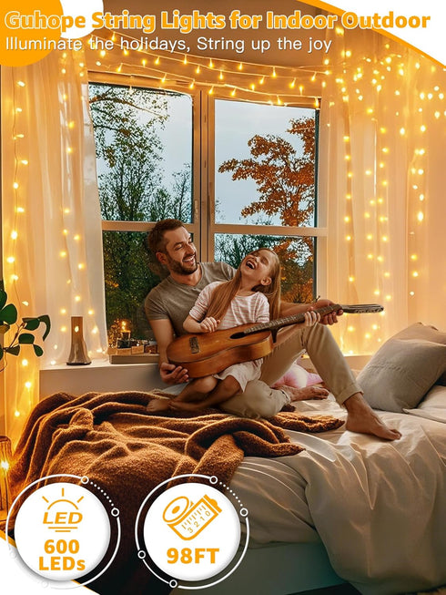 600LED 98FT, 8 Dimmable Guhope Christmas String Lights Waterproof String Lights with Remote and Timer, Modes Christmas