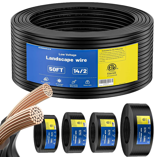 ZONEGRACE 14/2 Low Voltage Landscape Lighting Wire, 50 ft Pure Copper 2-Conductor PVC