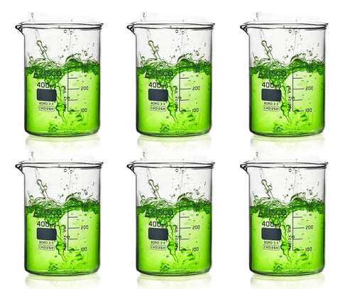 EISCO 6PK Beakers, 400ml - Griffin Style, Low Form with Spout, Borosilicate 3.3 Glass