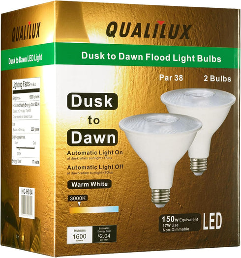 Qualilux PAR38 Dusk to Dawn LED Flood Light Bulbs, Warm White 3000K,