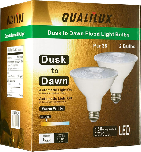 Qualilux PAR38 Dusk to Dawn LED Flood Light Bulbs, Warm White 3000K,