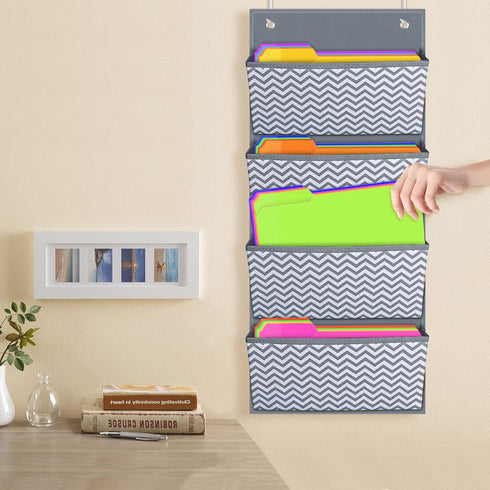 Folder Hanging Wall Mounted Storage Holder Pocket Chart, Fabric Organizer for Home School - Wave Pattern (4 Pockets)