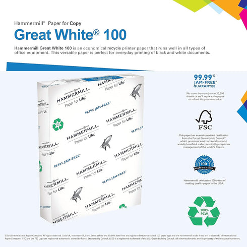 Hammermill 50% 8.5 11 1 (500 92 Printer Paper, Great White Recycled Paper, x - Ream Sheets) - Bright, Made in the USA
