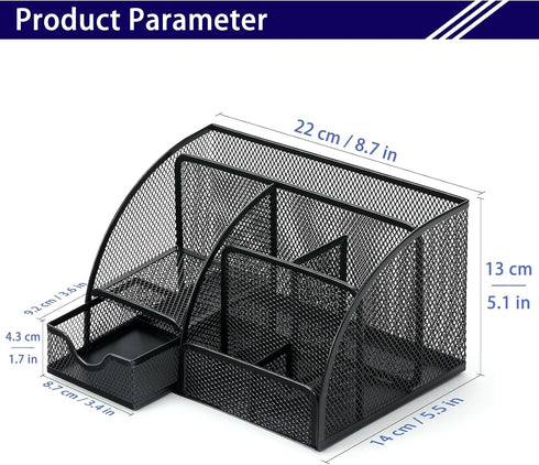 Mesh Desk Organizer with 6 Compartments and 1 Drawer, Multi-Functional Caddy for Office, Home, School Decor (Black)