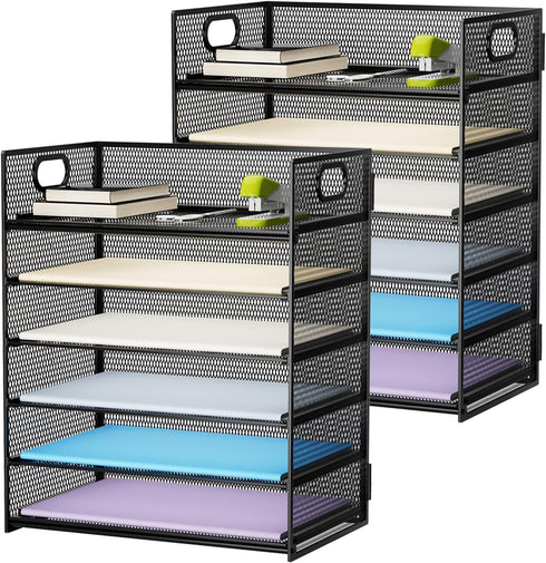 Marbrasse 2 Pack Desk Organizer with Handle, 6 Tier Paper Organizer Letter Tray for Office, School and Home
