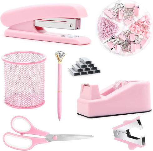 Pink Office Supplies Set - Pink Desk Accessories, Stapler, Staple Remover, Scissors, and 1000pcs Staples