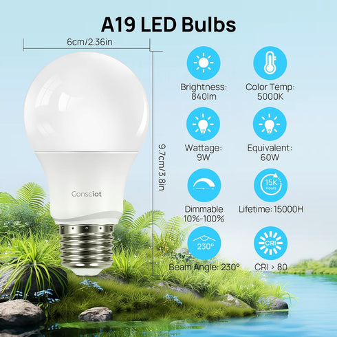 A19 Bulbs Dimmable,60W Equivalent,5000K White,9W 800 Lumens,E26 Office,5 Packs Consciot LED Light Daylight Standard
