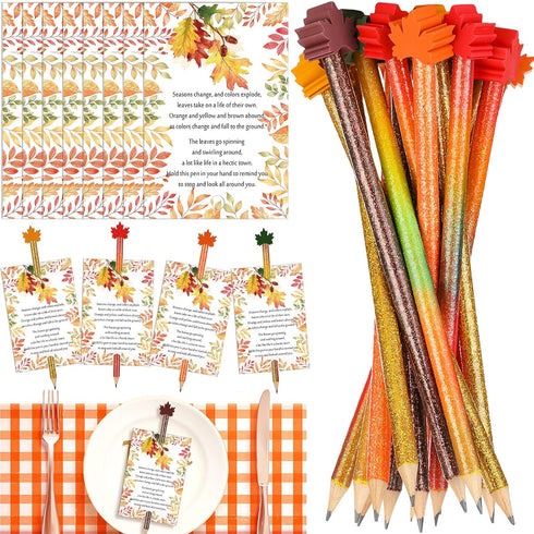 Thanksgiving Gifts Fall Pencils with Cute Fall Themed Designs, Mini Maple Leaf Erasers, Bulk Holiday Card for Coworker