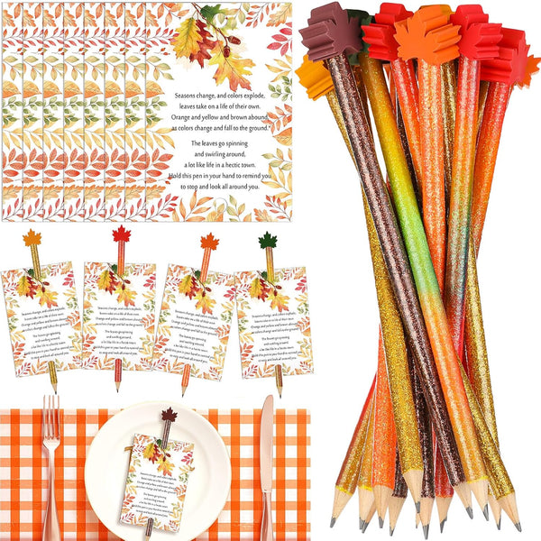 Thanksgiving Gifts Fall Pencils with Cute Fall Themed Designs, Mini Maple Leaf Erasers, Bulk Holiday Card for Coworker