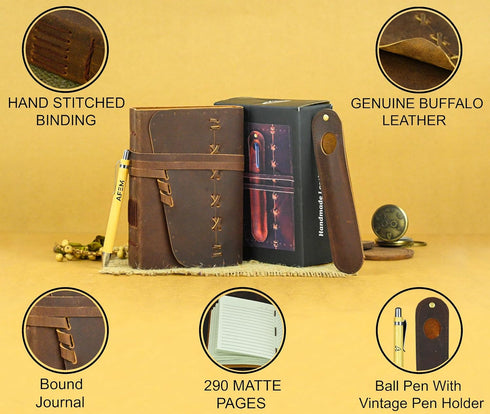 Leather Journal Notebook for Men & Women Daily Vintage Leather Bound Journal Travel Notebook 290 Lined Paper Diary Writing Journal Travelers Scrapbook Poetry Sketchbook Small Leather Gifts with Pen by AFEM