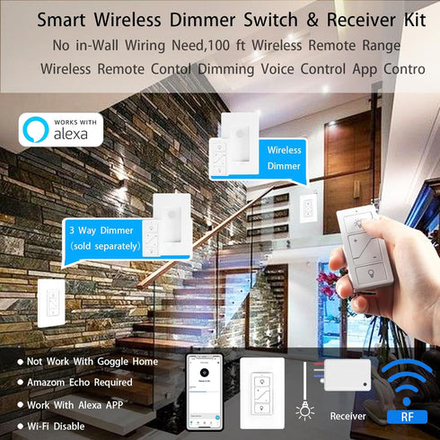 Humpptom Dimmer Wireless Light Switch, Remote Light Switch Compatible with Alexa, Smart Wireless Switch and Receiver