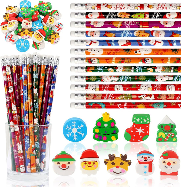 JULMELON 72PCS Christmas Party Favors Set, 36PCS Christmas Pencils with 36PCS Snowman Snowflake Erasers for Kids