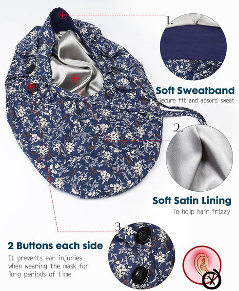 4 Satin Lined Scrub Cap for Women Extra Large Long Hair Surgical Nurse Cap Buttons