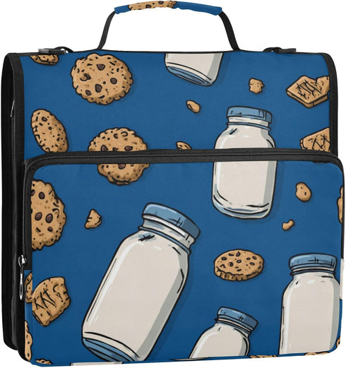 Fisyme 3 Milk Bottles Cookies Blue Zipper Binder Ring with Zipper and Shoulder Strap Large Capacity Multi-Pocket Binder