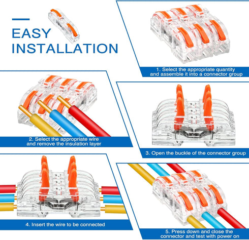 50 Pcs Compact Lever Wire Connector Assortment, Single Wire Splicing Connectors for 28 - 12 AWG (Clear, Orange)