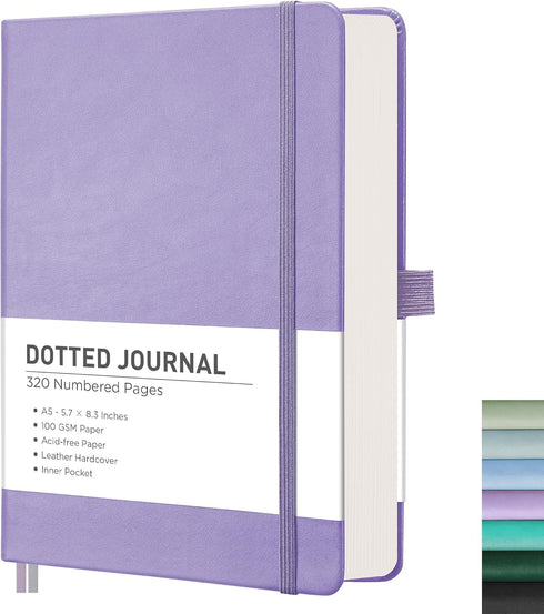 RETTACY Bullet Dotted Journal - A5 Dotted Grid Notebook, 320 Numbered Pages, 100 GSM Acid-Free Paper, Purple Leather
