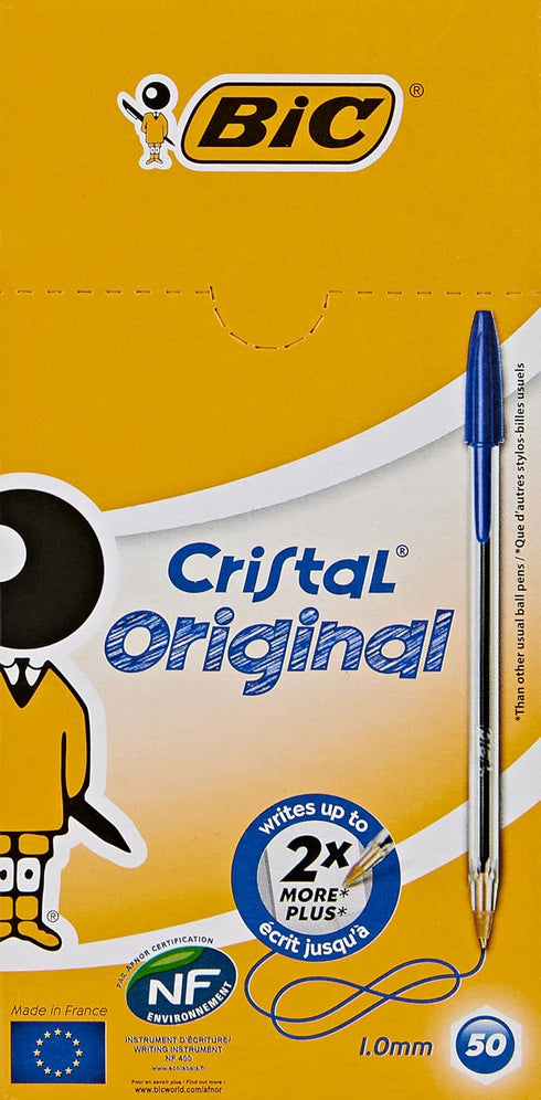 Bic Cristal Original Ballpoint Pens, Medium Point (1.0 mm), Blue, Box of 50 Every-Day Writing Pens with Clear Barrel