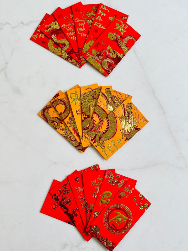 DRAWN 18 Pieces Vietnamese New Year Red Lucky Money Envelopes (Large Size 6.5"x3.5") - Bao Li Xi Tet