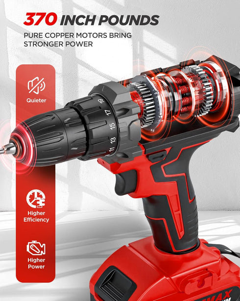 KELNOW 21V 2.0Ah Pack Set, 3/8" 25+1 90 Cordless Drill, Power Drill with Dual Power and Charger, Power Electric Battery