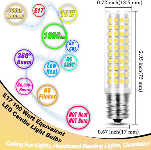 E17 LED Bulb, 10 Watt Equivalent 100W, 4000K Natural White, 1000lm Non-Dimmable, 3 Pack