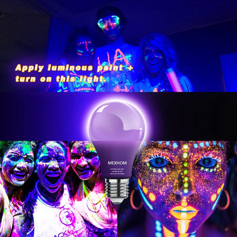 4 Pack A19 LED Black Light Bulbs,9W (100W Equivalent) E26 Base Dimmable Black Lights, UVA Level 385-400NM, Halloween Light Bulbs Glow in The Dark Fluorescent Poster, Body Paint,Neon Glow Party by mfxmf
