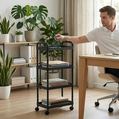 4-Tier (Black-2pcs) Rolling Utility Cart with Handle Multi-Functional Storage Trolley with Wheels, Movable Organizer