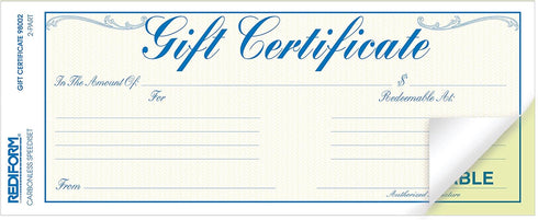 Rediform Gift Certificate Pack, 25 Duplicates with Envelopes, Blue/Gold, 3.625" x 9.5", Numbered