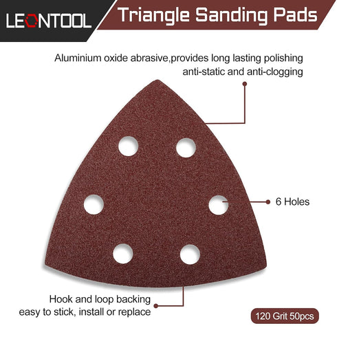 50 Pcs Triangle Sanding Pads 120 Grit 3-1/2 Inches Hook and Loop Triangle Sandpaper 6 Holes Oscillating Multitool Sanding Pads Detail Sander Sandpaper for Wood Metal Stone Polishing