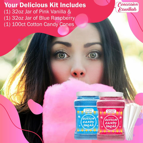 Concession Essentials /2lb 100 Cotton Candy Floss Sugar -Pink Vanilla and Blue Raspberry Jars Each Flavor with Paper