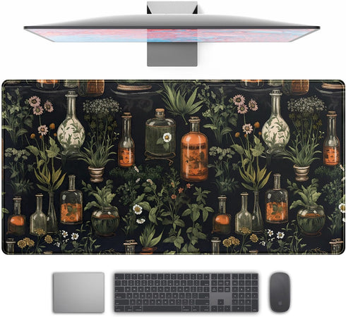 Black Aesthetics Desk Mat Mouse Pad, Large Gaming Mouse Pad, Mystical Green Plant Design, 31.5x11.8 in