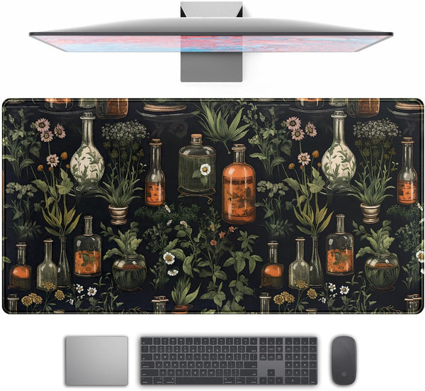 Black Aesthetics Desk Mat Mouse Pad, Large Gaming Mouse Pad, Mystical Green Plant Design, 31.5x11.8 in