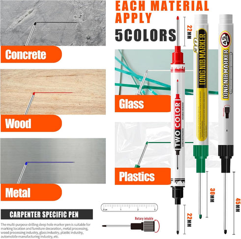 BERHW 12 5 Set Pcs Multi-Purpose Long Head Deep Hole Marker Pens, Long Nib Marker For Metal, Quick Dry Waterproof