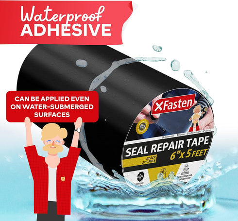 XFasten Waterproof Patch Seal Repair and Leak Shield Tape, 6-Inch x 5-Foot, Black