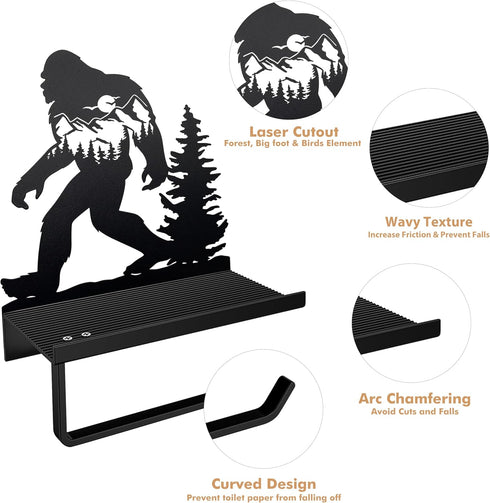 Ecqizer Bigfoot Sasquatch Metal Toilet Paper Holder with Shelf, Bigfoot Inspired Design Gifts Rustic Toilet Paper