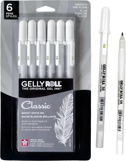 SAKURA Gelly Roll Gel Pens, Medium & Bold Tip Ink Pens for Journaling, Classic White Ink, 6 Pack