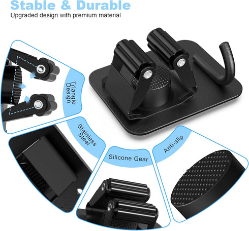 4 Pack Stainless Steel Broom Holder Wall Mount - Heavy Duty Utility Rack for Home, Kitchen, Garage Organization (Black)
