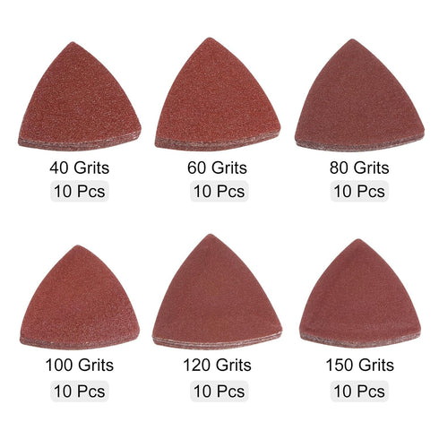 60pcs Triangular Hook & Loop Sandpapers, 40/60/80/100/120/150 Grits Aluminum Oxide Sanding Pads