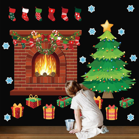 Tatuo 71 Pcs Christmas Fireplace Bulletin Board, Large Holiday Brick Background with Christmas Tree Candy Snowflakes